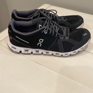 On cloud, running shoes, size 8, black and white